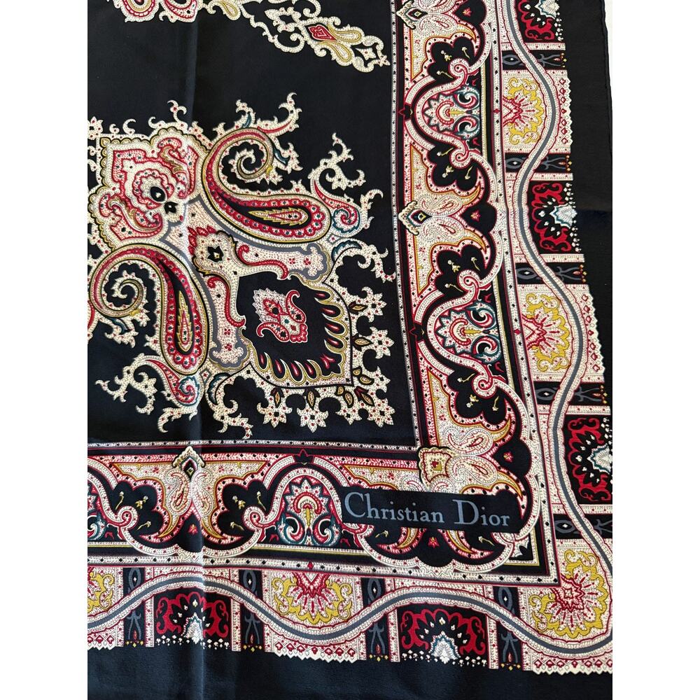 Vintage Christian Dior Scarf Womens One Size Black Silk Paisley Square Logo - Picture 8 of 9